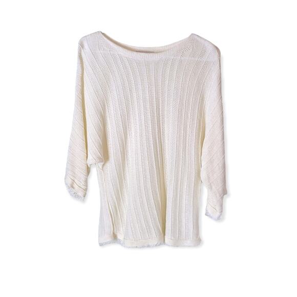 Coldwater Creek Cream Linen Open Knit Dolman Sleeve Fringe Sweater Small Petite - Picture 1 of 7